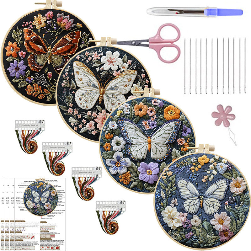 KTX-381651 DIY Butterfly Embroidery Fabric Art Material Kit - Includes 25cm Cloth and Frame