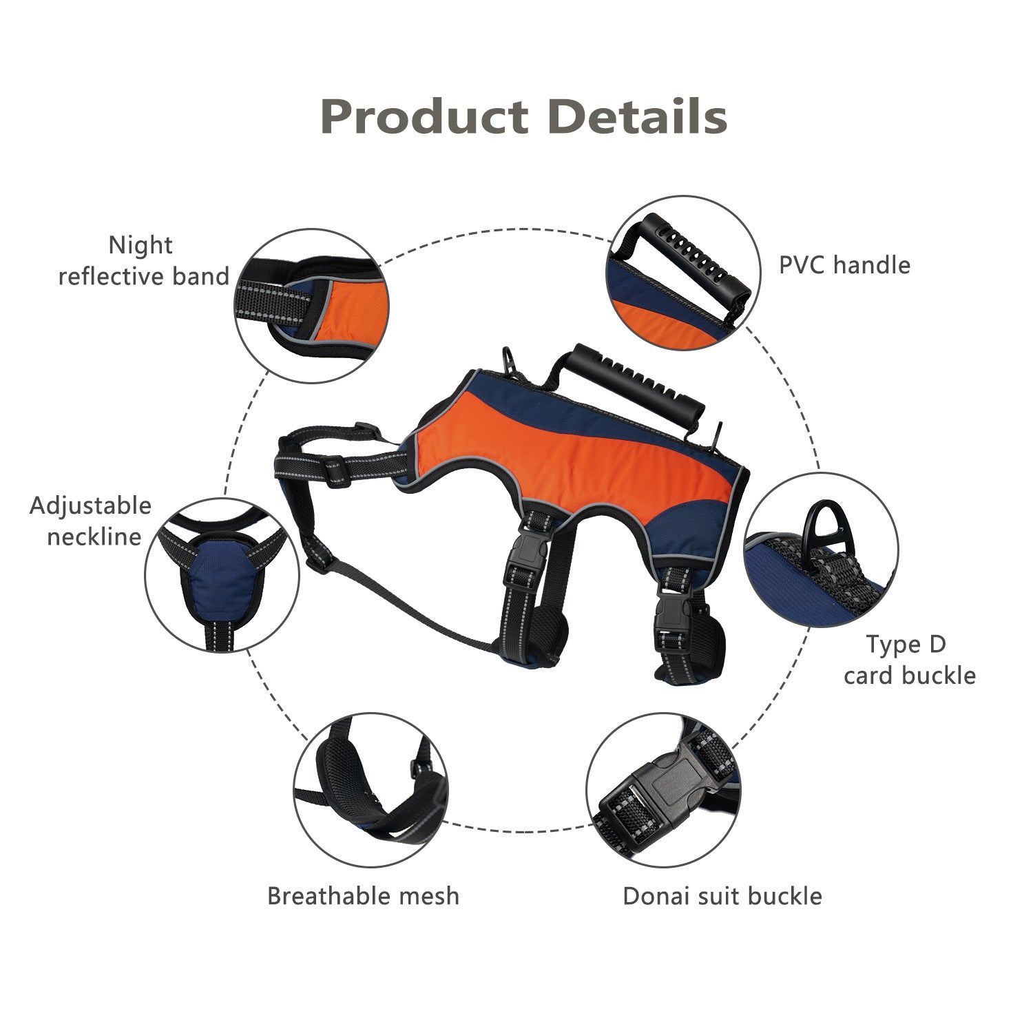 HKM-383315 Tactical Pet Harness with Hand Holding Rope for Large Dogs - Available in Red, Black, and Orange