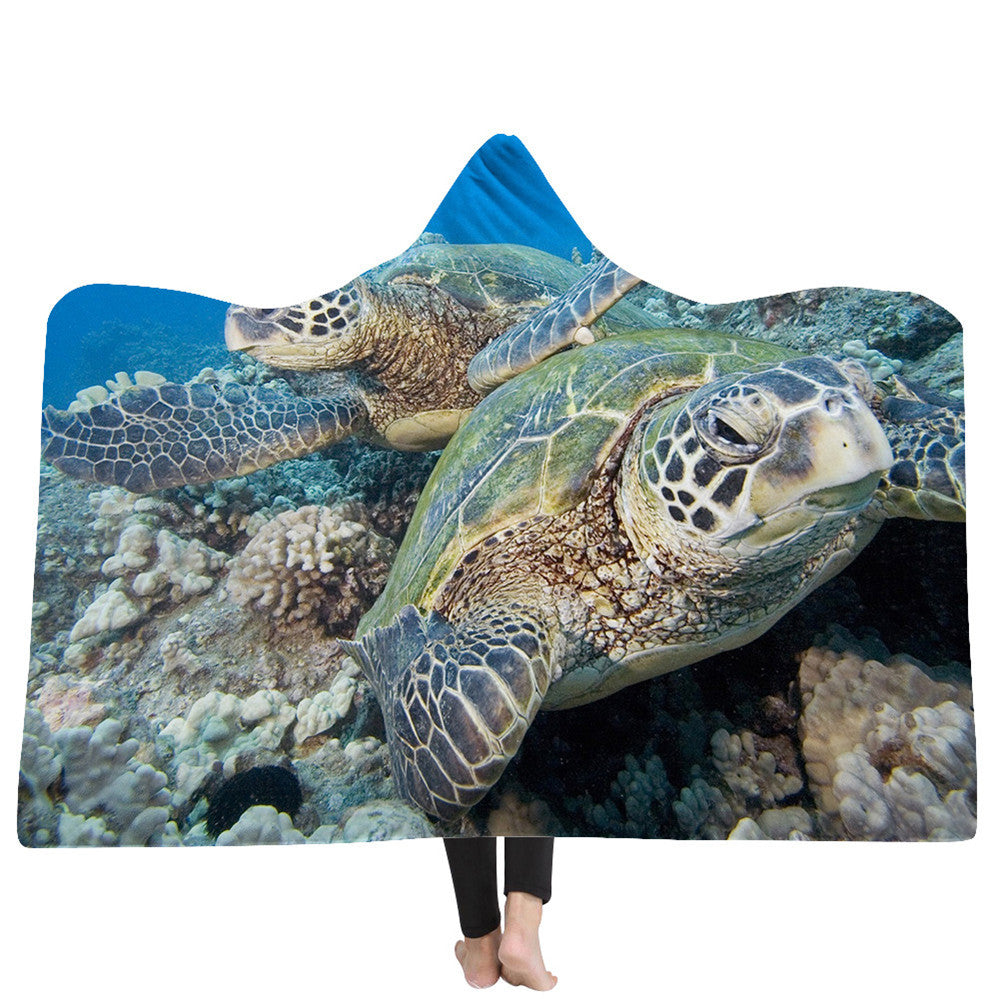 HKM-383379 Ocean Turtle Series Hooded Blanket Cape - Winter Warmth in Soft Polyester and Plush, 150x200 cm