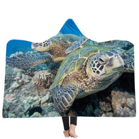 HKM-383379 Ocean Turtle Series Hooded Blanket Cape - Winter Warmth in Soft Polyester and Plush, 150x200 cm