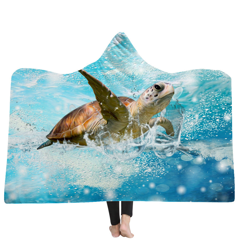 HKM-383379 Ocean Turtle Series Hooded Blanket Cape - Winter Warmth in Soft Polyester and Plush, 150x200 cm