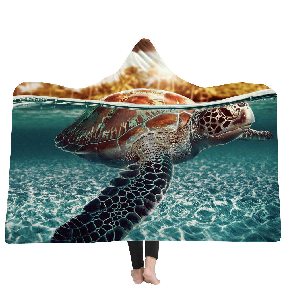 HKM-383379 Ocean Turtle Series Hooded Blanket Cape - Winter Warmth in Soft Polyester and Plush, 150x200 cm