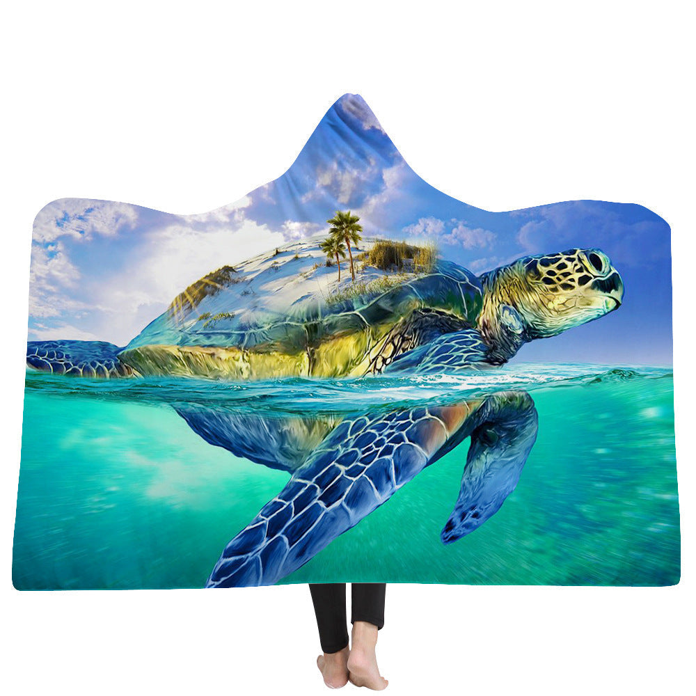 HKM-383379 Ocean Turtle Series Hooded Blanket Cape - Winter Warmth in Soft Polyester and Plush, 150x200 cm