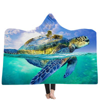 HKM-383379 Ocean Turtle Series Hooded Blanket Cape - Winter Warmth in Soft Polyester and Plush, 150x200 cm
