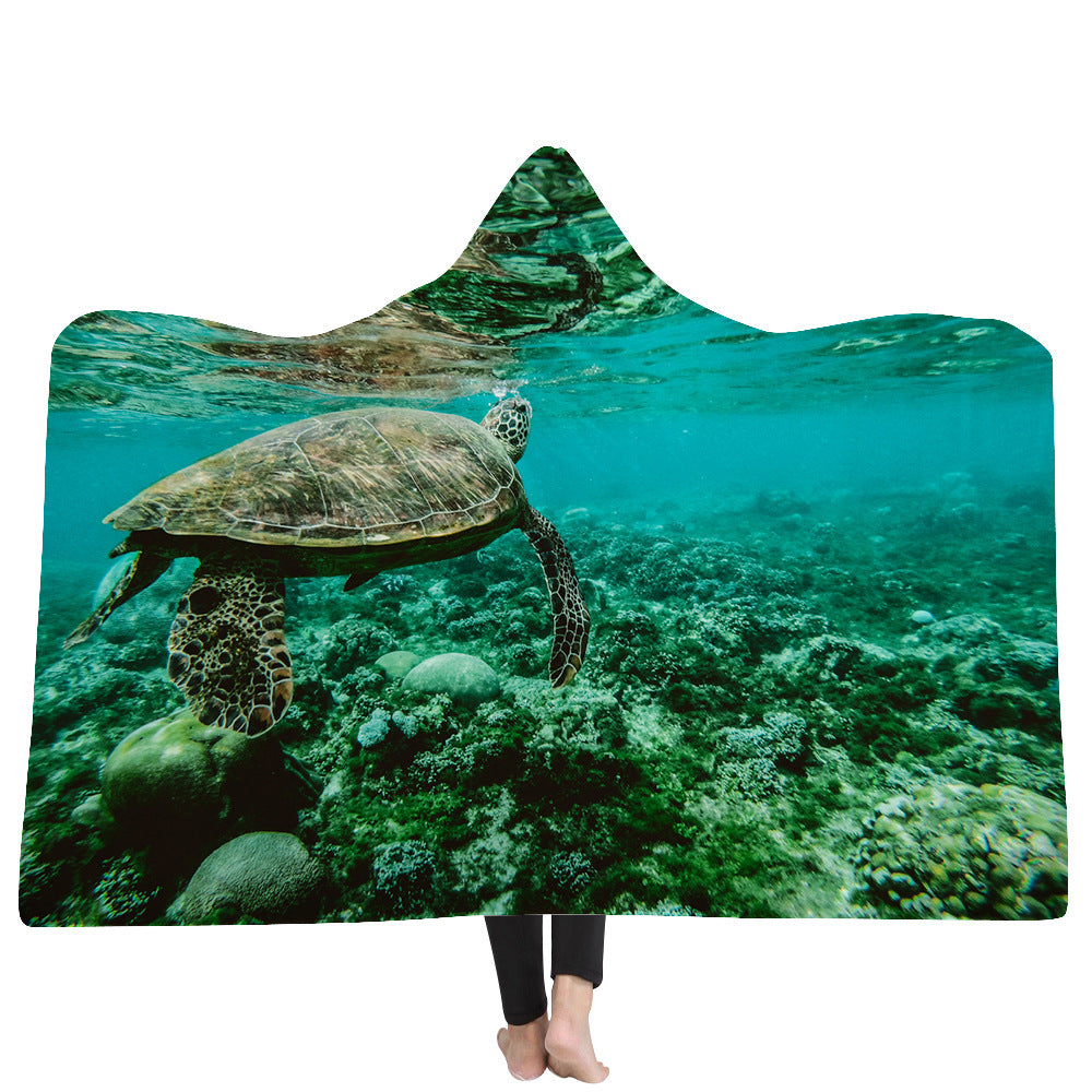 HKM-383379 Ocean Turtle Series Hooded Blanket Cape - Winter Warmth in Soft Polyester and Plush, 150x200 cm