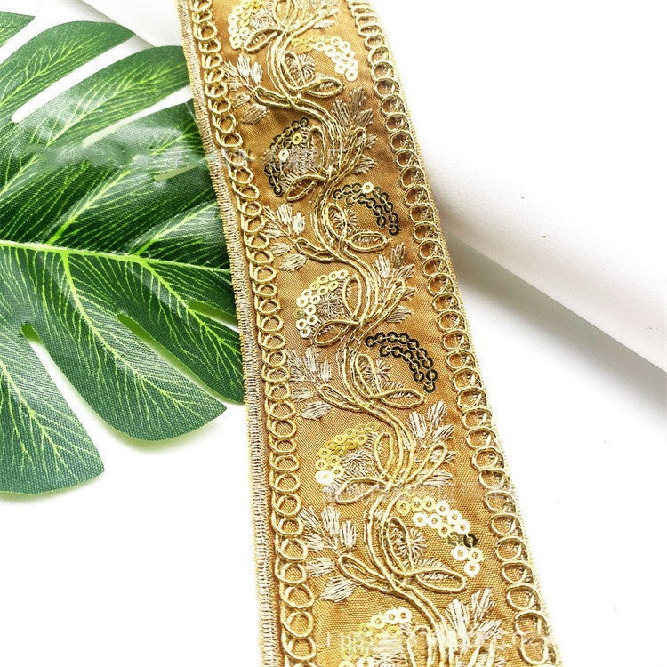 HKM-383635 Gold Thread Polyester Embroidery Ribbon - Bohemian Style Crafting Supplies