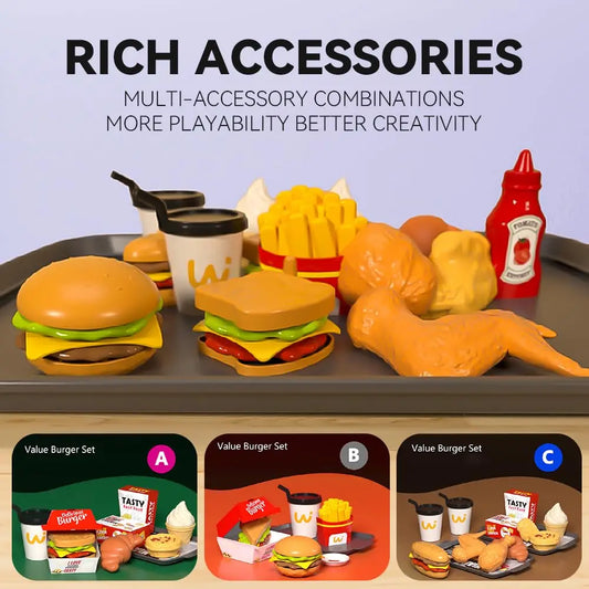 HKM-383635 Mini Simulation Hamburger and Coffee Machine Play Set with 71PCS Kitchen Toys for Kids