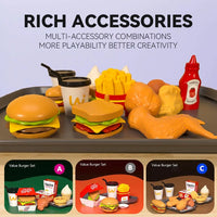 HKM-383635 Mini Simulation Hamburger and Coffee Machine Play Set with 71PCS Kitchen Toys for Kids