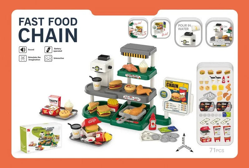 HKM-383635 Mini Simulation Hamburger and Coffee Machine Play Set with 71PCS Kitchen Toys for Kids