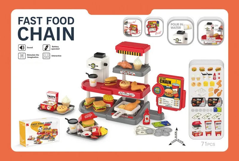 HKM-383635 Mini Simulation Hamburger and Coffee Machine Play Set with 71PCS Kitchen Toys for Kids