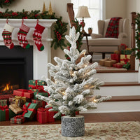 HKM-383763 2FT Flocked Christmas Tree with 30 Warm White LED Lights and Natural Pine Cones in Decorative Pot Base