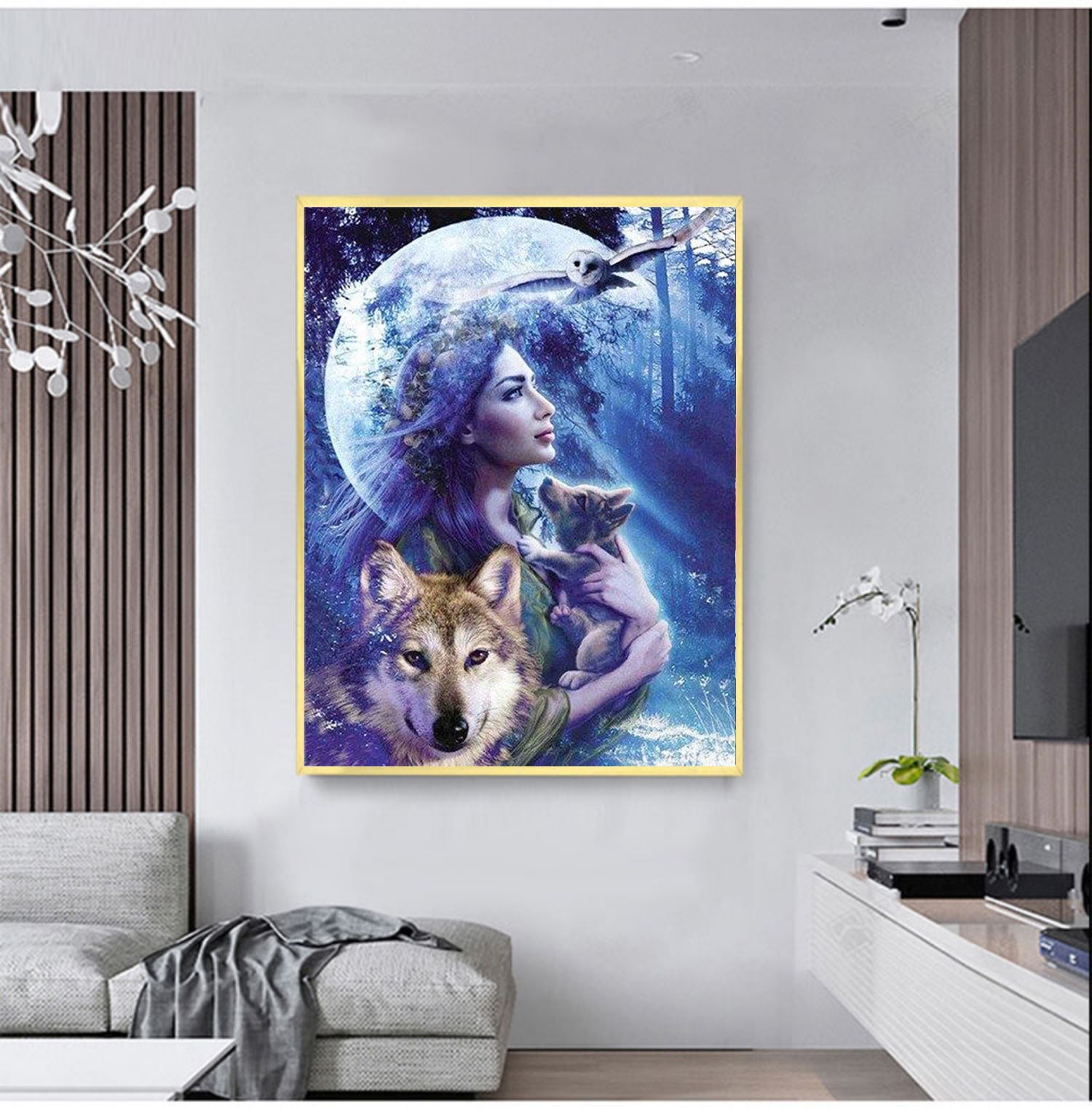 HKM-383955 Moonlit Beauty and the Wolf Diamond Painting - 20x30 Canvas Art for Home or Office Decor