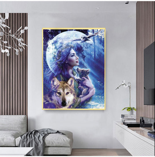 HKM-383955 Moonlit Beauty and the Wolf Diamond Painting - 20x30 Canvas Art for Home or Office Decor