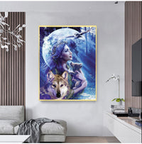 HKM-383955 Moonlit Beauty and the Wolf Diamond Painting - 20x30 Canvas Art for Home or Office Decor