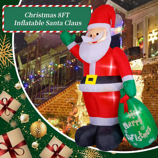 HKM-384147 8FT Inflatable Santa Claus with Gift Bag and LED Lights for Holiday Lawn Decoration