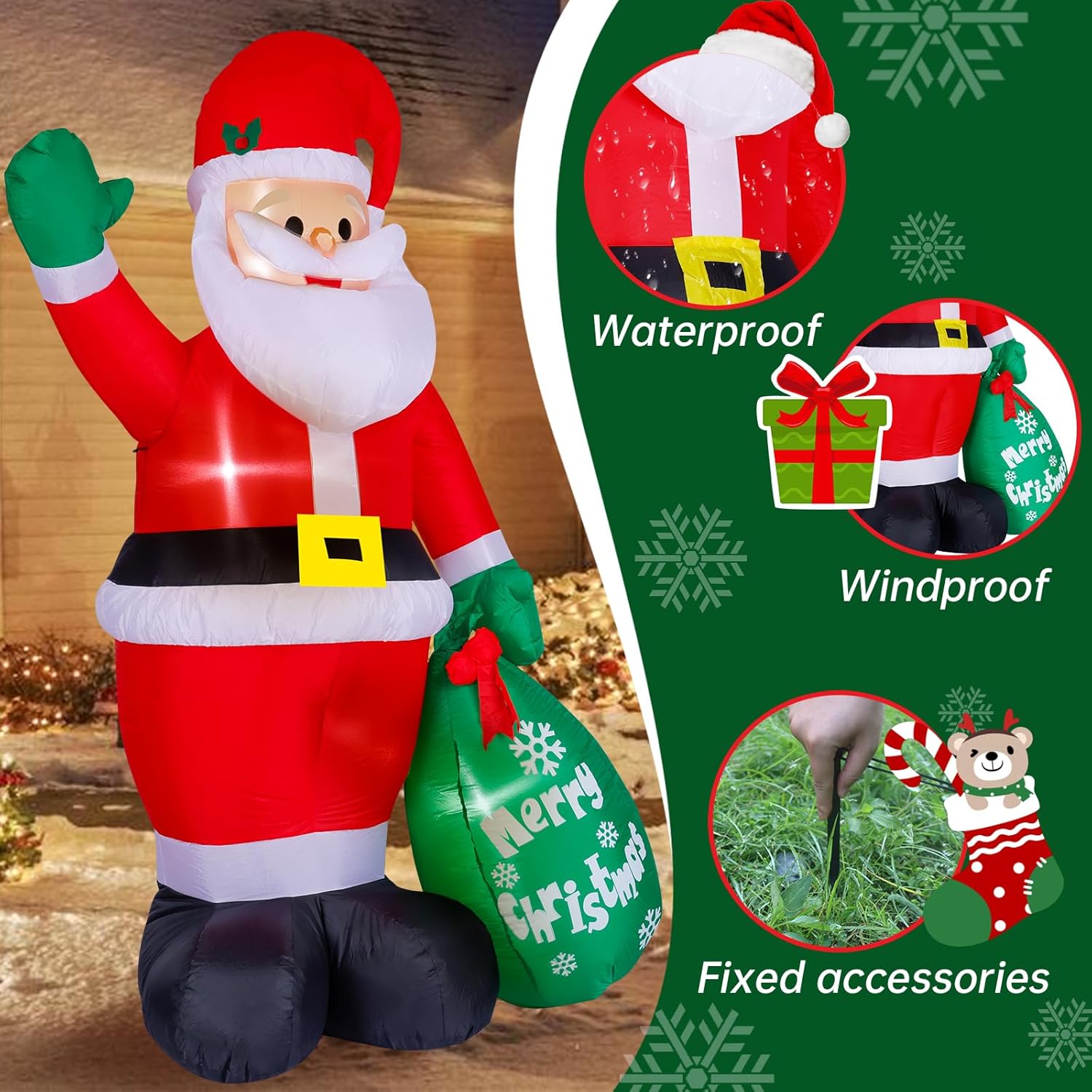 HKM-384147 8FT Inflatable Santa Claus with Gift Bag and LED Lights for Holiday Lawn Decoration