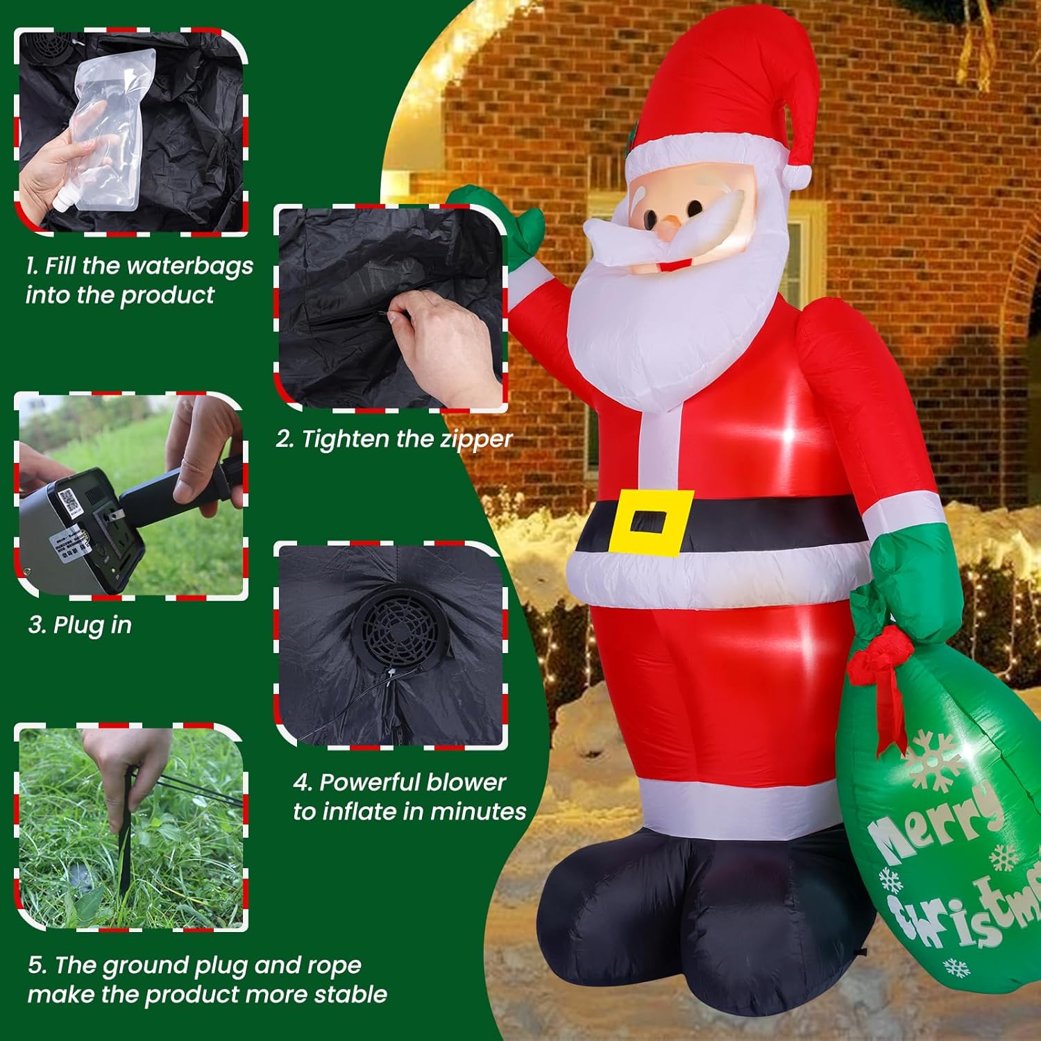 HKM-384147 8FT Inflatable Santa Claus with Gift Bag and LED Lights for Holiday Lawn Decoration