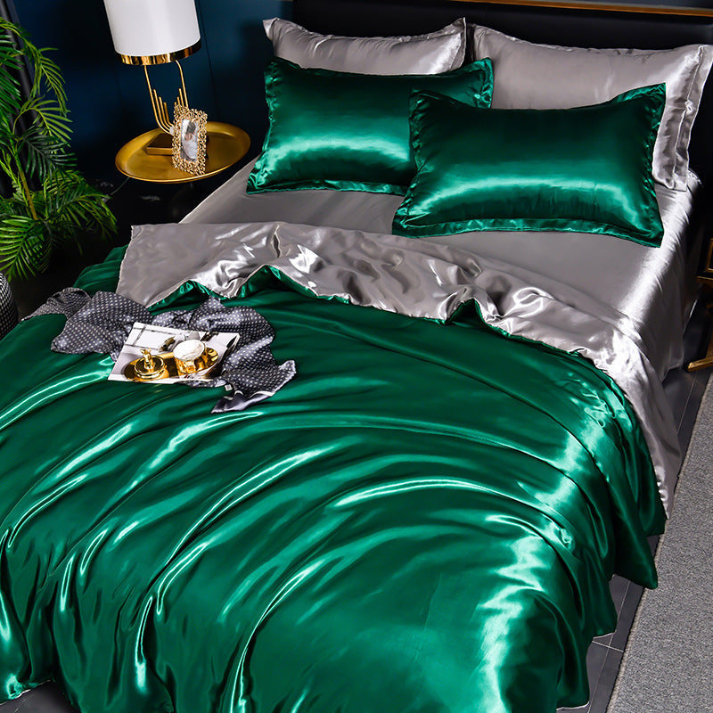 HKM-384275 Pure Color Ice Silk Cool Quilt Cover Bedding Set - Solid Color, Double Bed Sizes Available, 4-Piece Collection