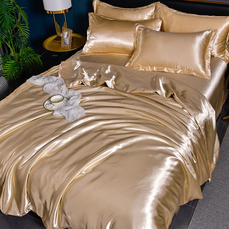 HKM-384275 Pure Color Ice Silk Cool Quilt Cover Bedding Set - Solid Color, Double Bed Sizes Available, 4-Piece Collection