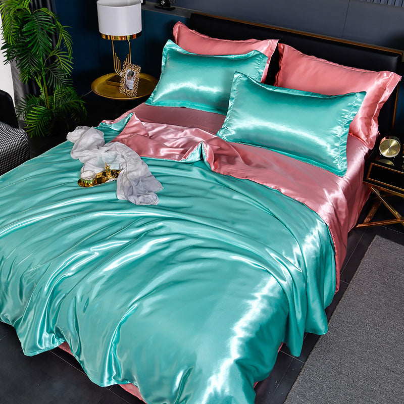 HKM-384275 Pure Color Ice Silk Cool Quilt Cover Bedding Set - Solid Color, Double Bed Sizes Available, 4-Piece Collection