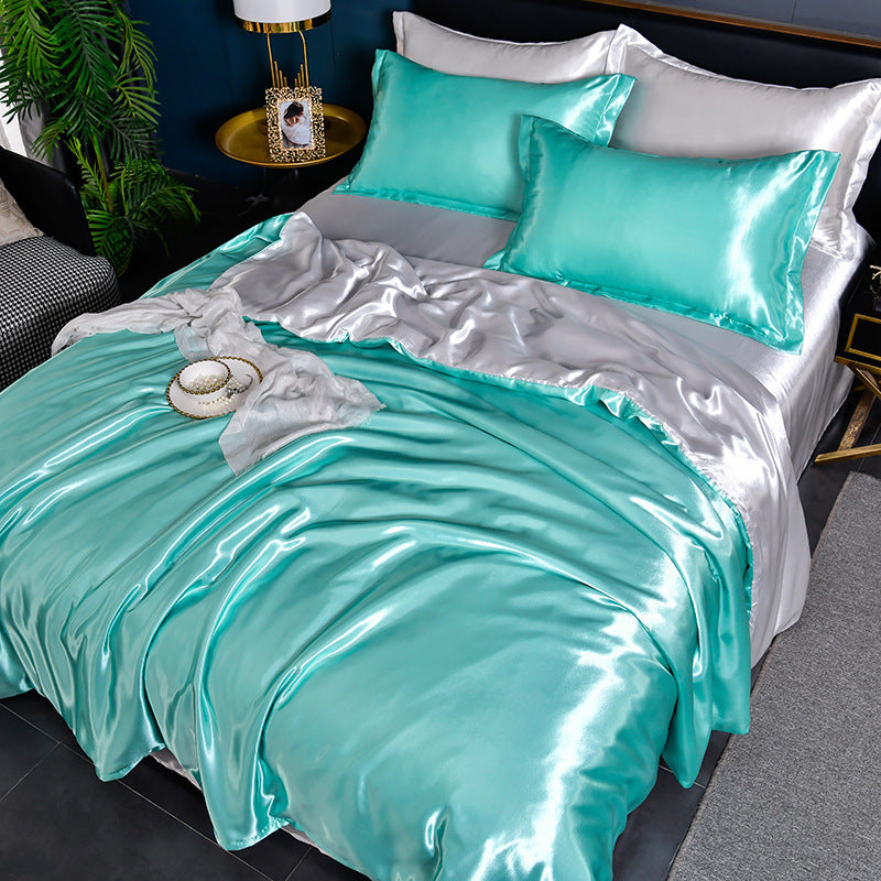 HKM-384275 Pure Color Ice Silk Cool Quilt Cover Bedding Set - Solid Color, Double Bed Sizes Available, 4-Piece Collection