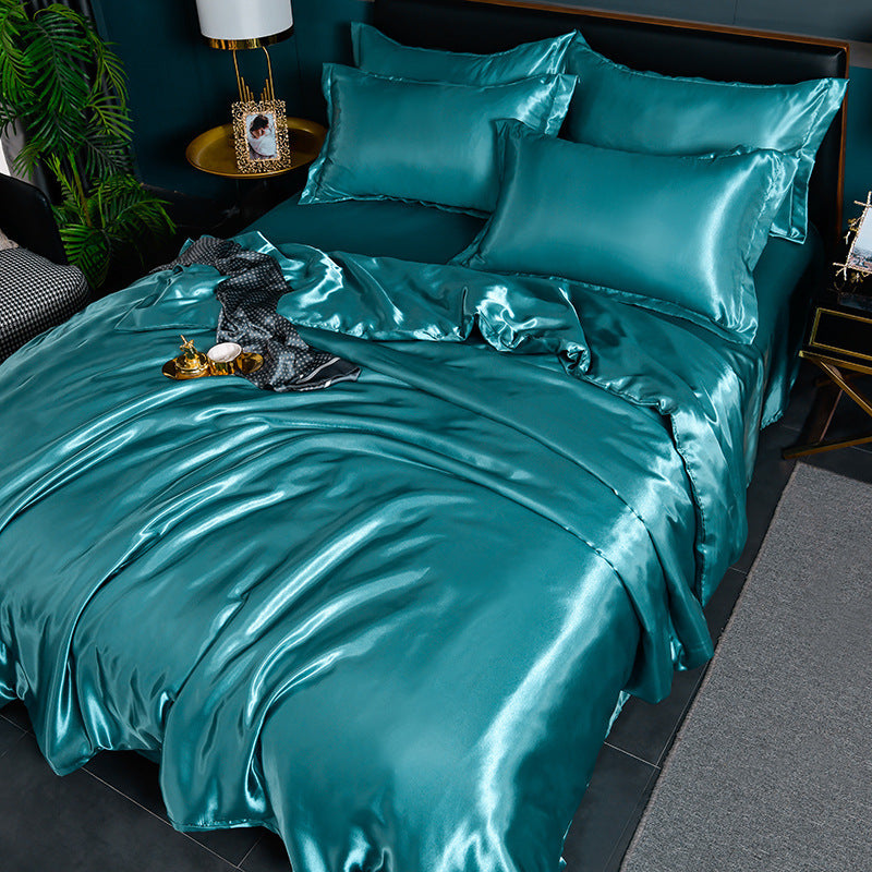 HKM-384275 Pure Color Ice Silk Cool Quilt Cover Bedding Set - Solid Color, Double Bed Sizes Available, 4-Piece Collection