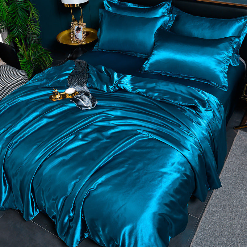 HKM-384275 Pure Color Ice Silk Cool Quilt Cover Bedding Set - Solid Color, Double Bed Sizes Available, 4-Piece Collection