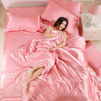 HKM-384275 Pure Color Ice Silk Cool Quilt Cover Bedding Set - Solid Color, Double Bed Sizes Available, 4-Piece Collection