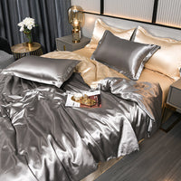 HKM-384275 Pure Color Ice Silk Cool Quilt Cover Bedding Set - Solid Color, Double Bed Sizes Available, 4-Piece Collection