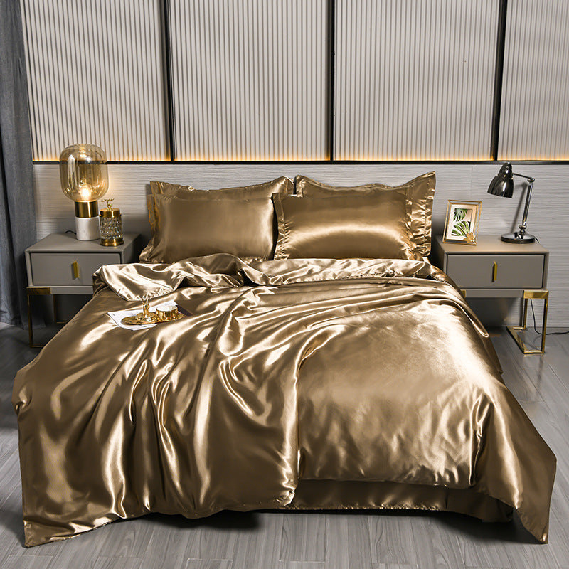 HKM-384275 Pure Color Ice Silk Cool Quilt Cover Bedding Set - Solid Color, Double Bed Sizes Available, 4-Piece Collection