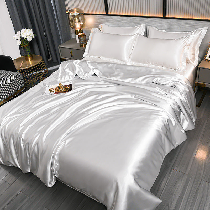HKM-384275 Pure Color Ice Silk Cool Quilt Cover Bedding Set - Solid Color, Double Bed Sizes Available, 4-Piece Collection