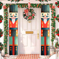 HKM-384723 Christmas Couplets Decor Flag - Old Man Nutcracker and Snowman Design, Polyester Fabric, 30x180cm