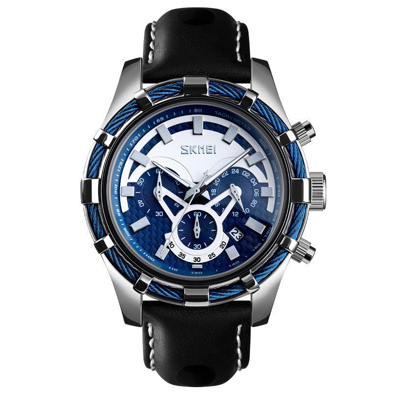 HKM-385619 Men's Multi-Function Luminous Quartz Watch with Genuine Leather Strap