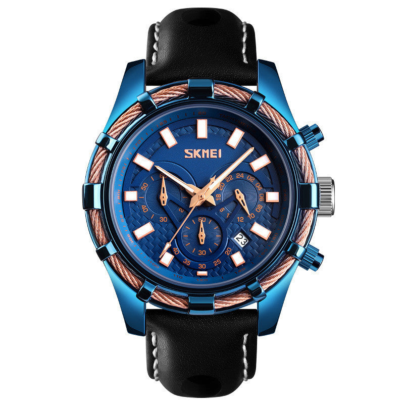 HKM-385619 Men's Multi-Function Luminous Quartz Watch with Genuine Leather Strap