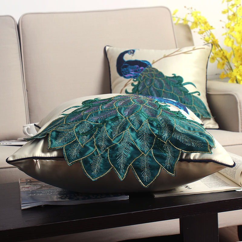 KTX-385939 New Chinese Style Embroidered Waist Pillow Cover with Long Tail Peacock Design for Living Room and Bedroom