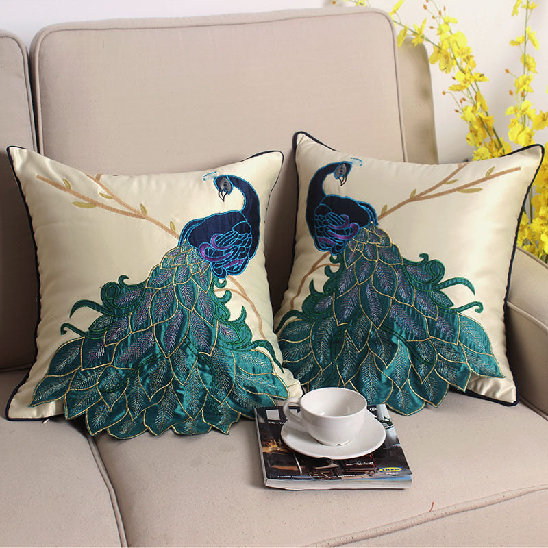 KTX-385939 New Chinese Style Embroidered Waist Pillow Cover with Long Tail Peacock Design for Living Room and Bedroom