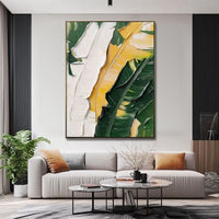 HKM-386195 Hand-Painted Oil Painting Canvas Art of Green Plants and Banana Leaves for Living Room and Bedroom Decor, Unstretched and Frameless