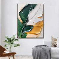 HKM-386195 Hand-Painted Oil Painting Canvas Art of Green Plants and Banana Leaves for Living Room and Bedroom Decor, Unstretched and Frameless