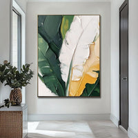 HKM-386195 Hand-Painted Oil Painting Canvas Art of Green Plants and Banana Leaves for Living Room and Bedroom Decor, Unstretched and Frameless
