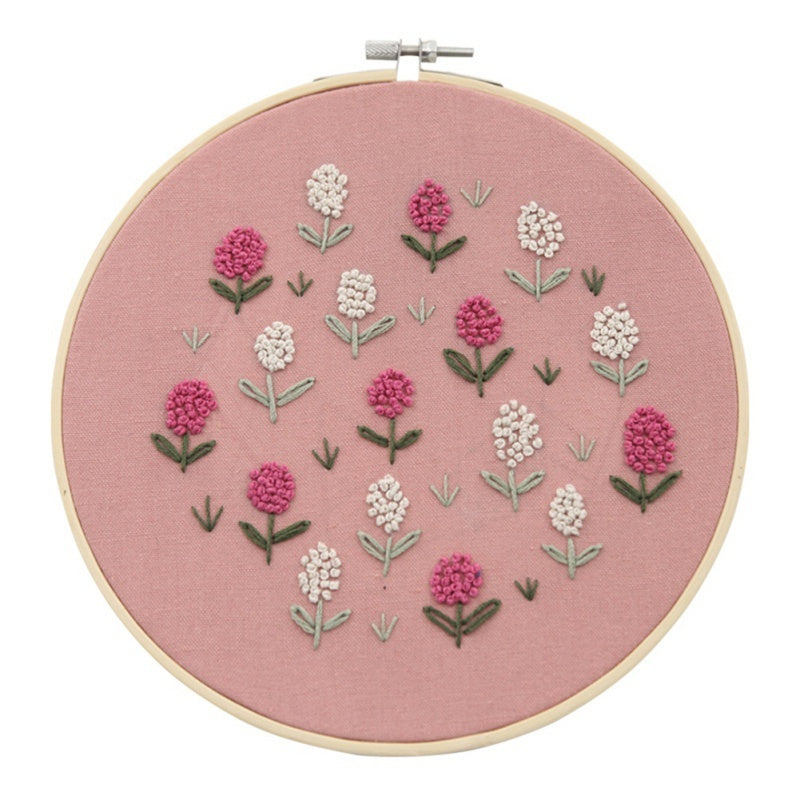HKM-386259 Pastoral Embroidery DIY Kit - Floral Pattern Cotton Material, 20x20cm