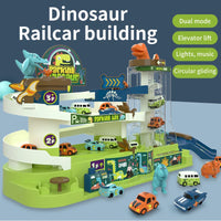 HKM-386515 3-Layer Dinosaur Parking Lot Play Set for Kids - DIY Assembled Racing Track Car Slot Toy