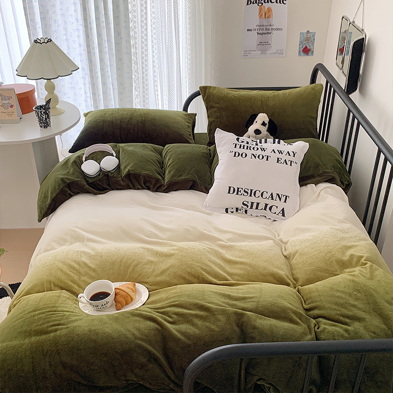 HKM-386579 Cream Girl Geometric Pattern Four-Piece Milk Fiber Bedding Set with Duvet Cover and Pillowcases