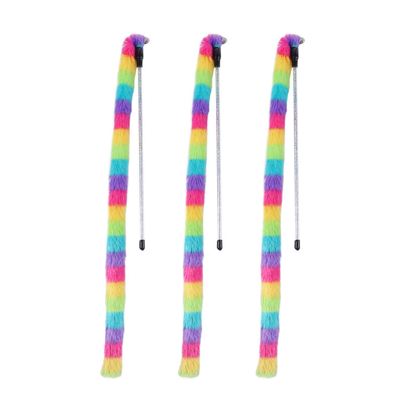 HKM-386579 Rainbow Striped Long Plush Cat Teaser Interactive Toy