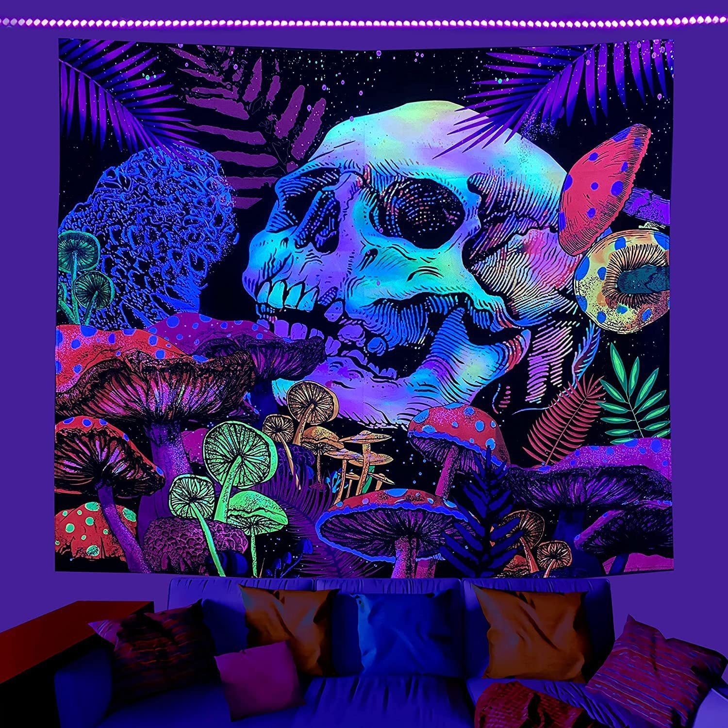 HKM-387091 UV Blue Light Skull Flower Eyes Tapestry - Modern Polyester Wall Hanging, Various Sizes Available
