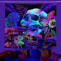 HKM-387091 UV Blue Light Skull Flower Eyes Tapestry - Modern Polyester Wall Hanging, Various Sizes Available