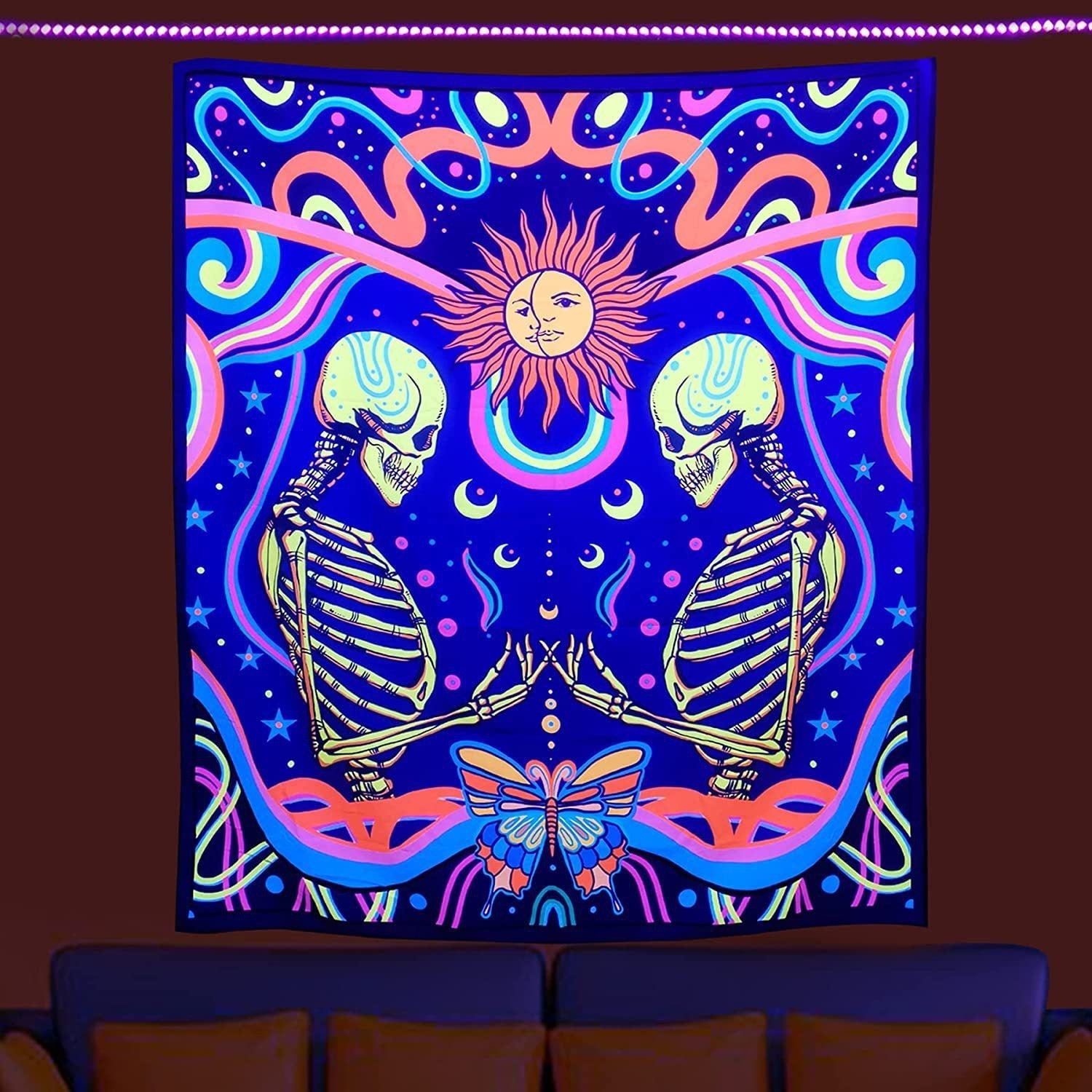 HKM-387091 UV Blue Light Skull Flower Eyes Tapestry - Modern Polyester Wall Hanging, Various Sizes Available