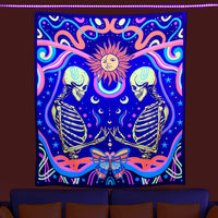 HKM-387091 UV Blue Light Skull Flower Eyes Tapestry - Modern Polyester Wall Hanging, Various Sizes Available