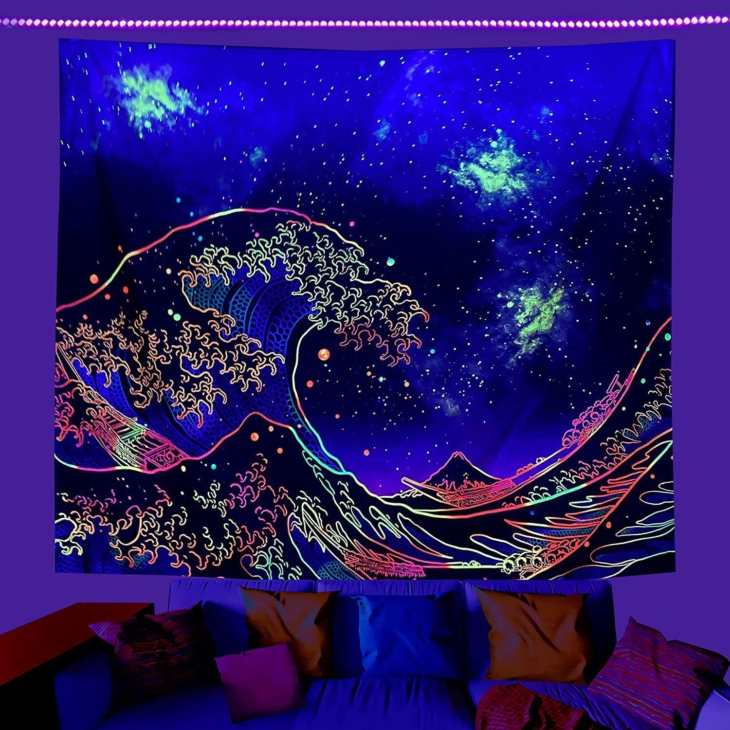 HKM-387091 UV Blue Light Skull Flower Eyes Tapestry - Modern Polyester Wall Hanging, Various Sizes Available