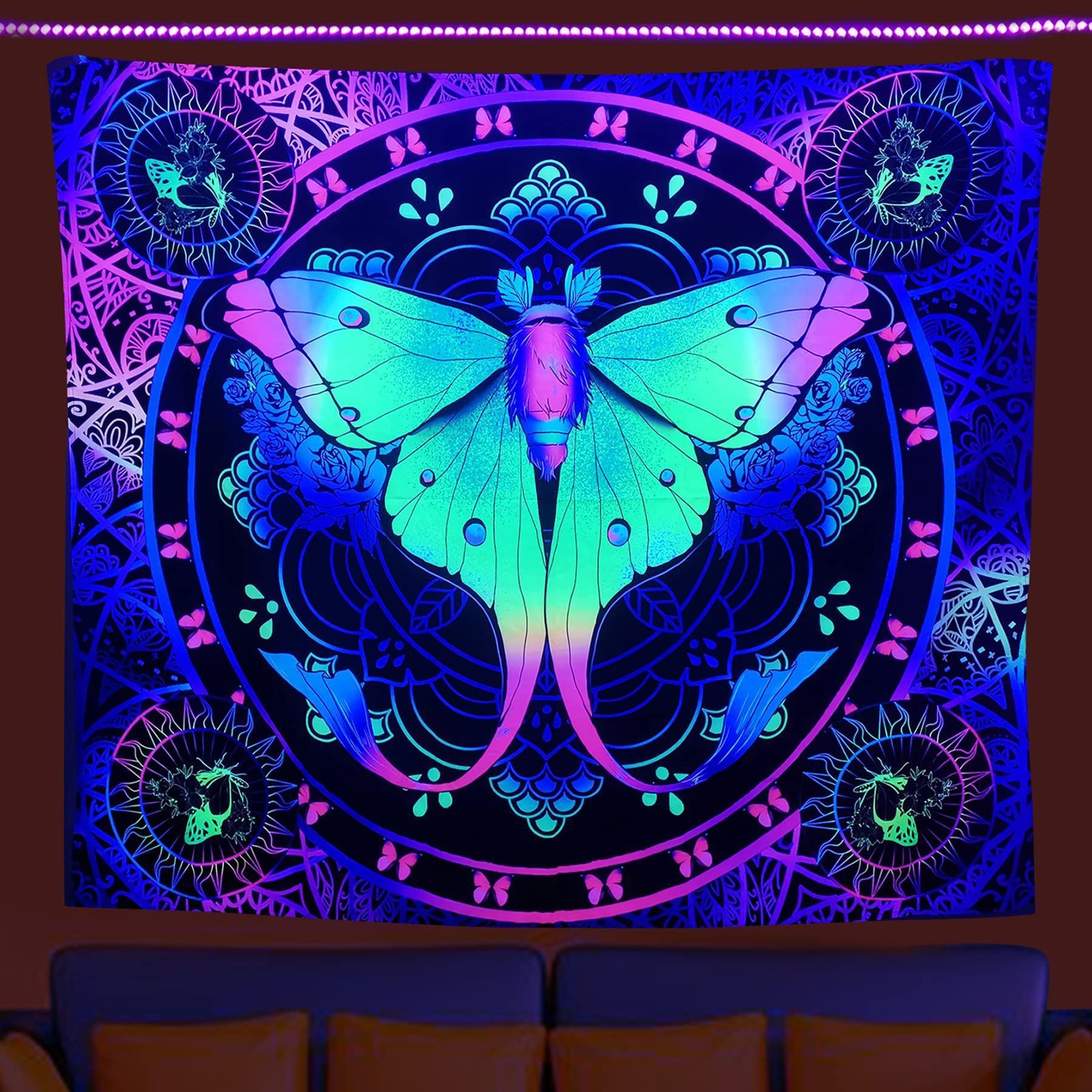 HKM-387091 UV Blue Light Skull Flower Eyes Tapestry - Modern Polyester Wall Hanging, Various Sizes Available