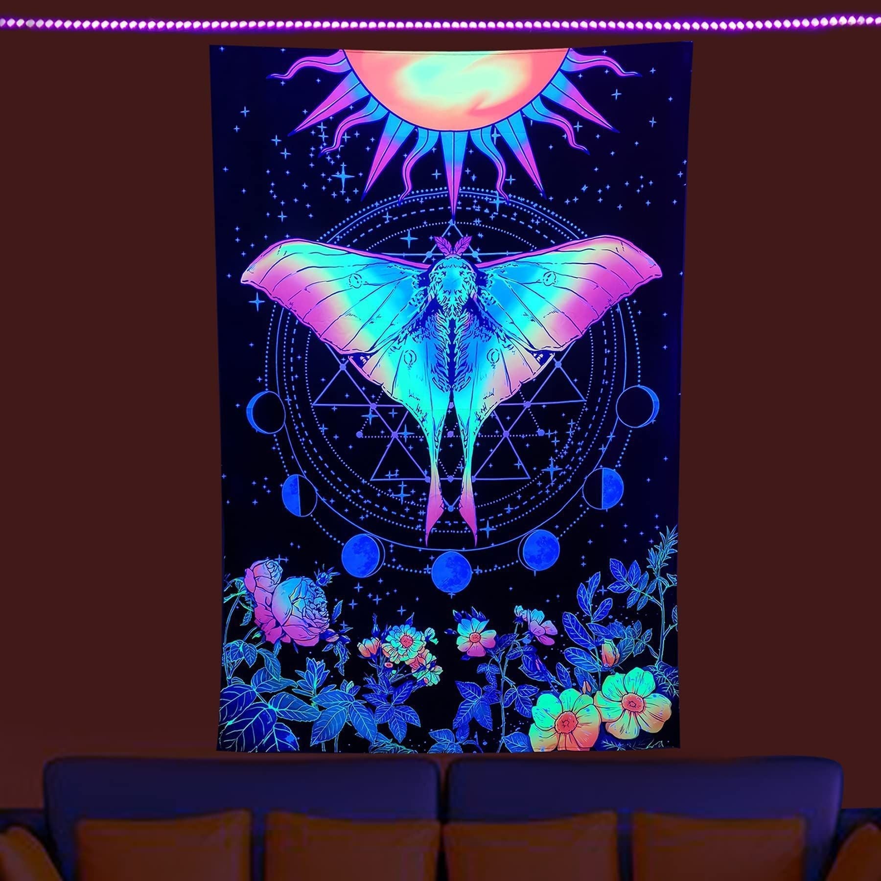 HKM-387091 UV Blue Light Skull Flower Eyes Tapestry - Modern Polyester Wall Hanging, Various Sizes Available
